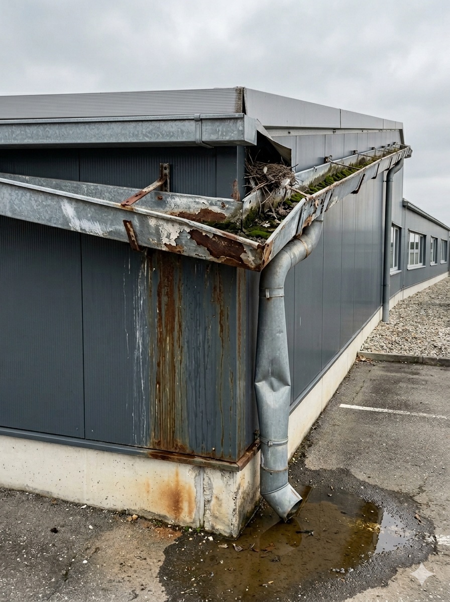 Dachentwässerung Vorher — alte verzinkte Stahlrinne mit Korrosion an Industriegebäude