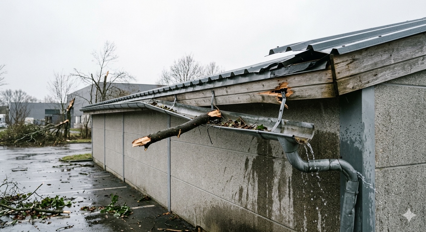 Dachrinne Vorher — Sturmschaden mit abgerissener Rinne, Wasserschaden an Fassade und Trümmern auf nassem Asphalt