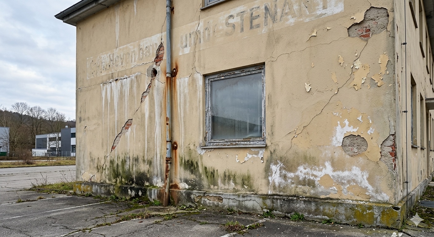 Fassade Vorher — verwitterte Putzfassade mit Rissen, abblätternder Farbe und Wasserschäden