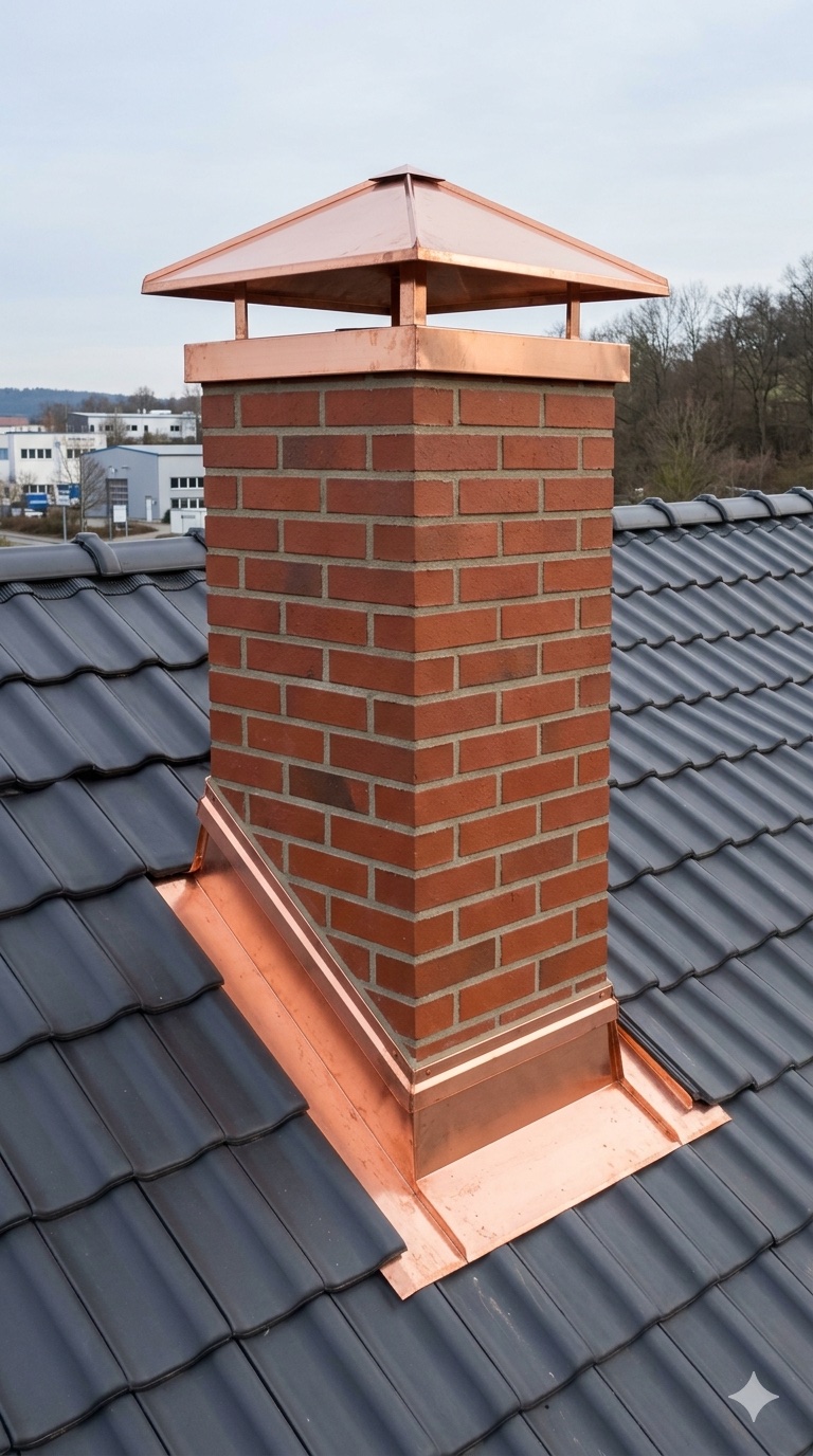 Kamin Nachher — saubere Kupfer-Verblechung mit Kupfer-Kaminabdeckung auf neuem Tondachziegel-Dach