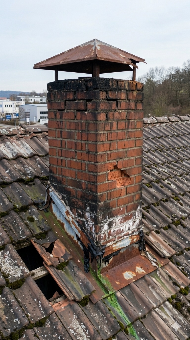 Kamin Vorher — alte rostige Anschlussbleche mit Bitumen-Reparaturen, verwittertes Dach mit Moos