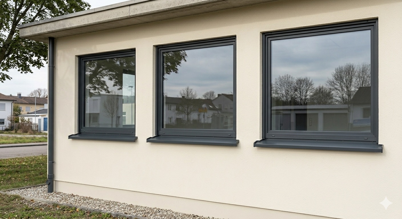 Sohlbänke Nachher — drei identische maßgefertigte Aluminium-Sohlbänke in Anthrazit, sanierte Fassade