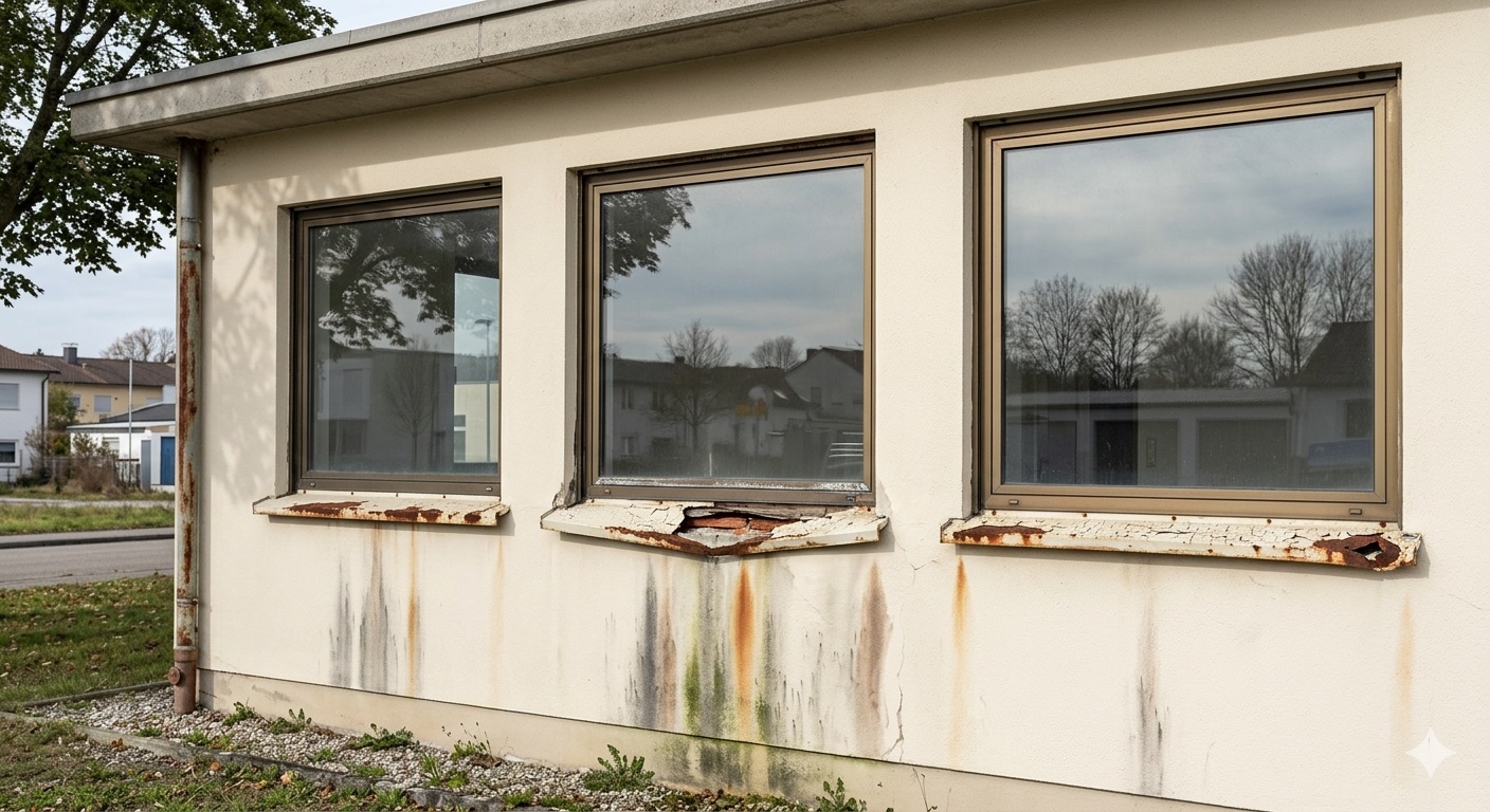 Sohlbänke Vorher — verrostete alte Fensterbänke, abblätternde Farbe und Wasserschäden an der Putzfassade