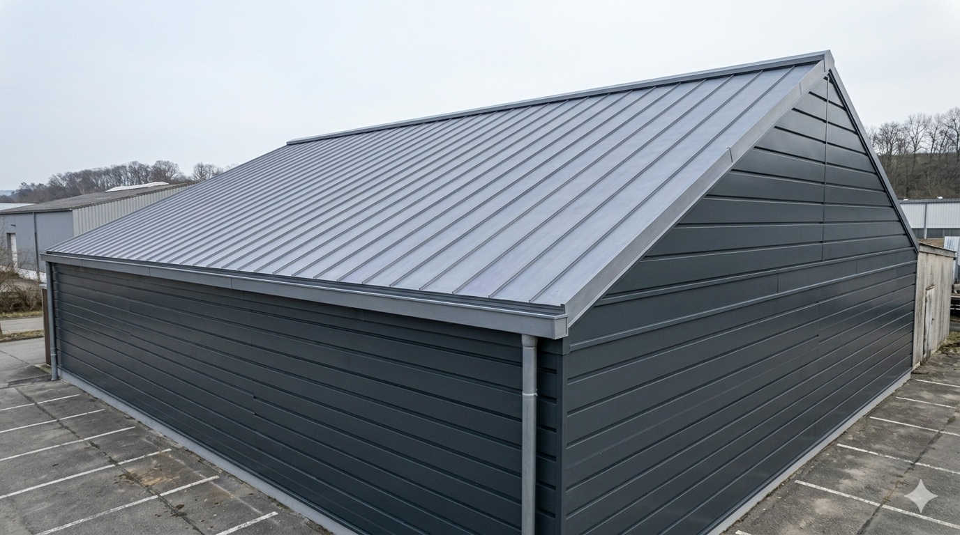 Stehfalzdach Nachher — neues Titanzink-Stehfalzdach mit sanierter Trapezblech-Fassade