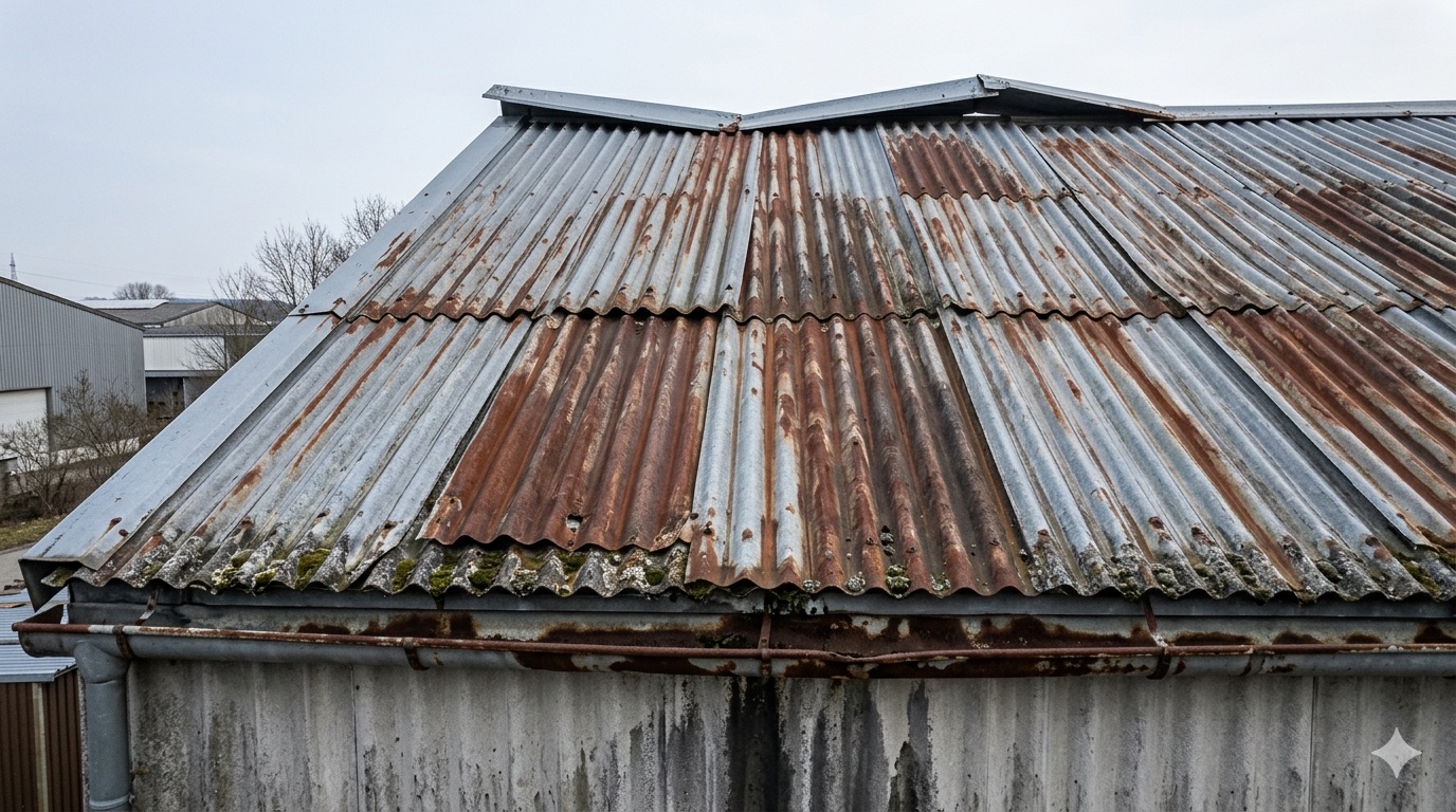 Stehfalzdach Vorher — alte verwitterte Wellblech-Eindeckung mit Rost an Industriehalle